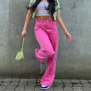 ZARA PINK HIGH RISE WIDE LEG JEANS